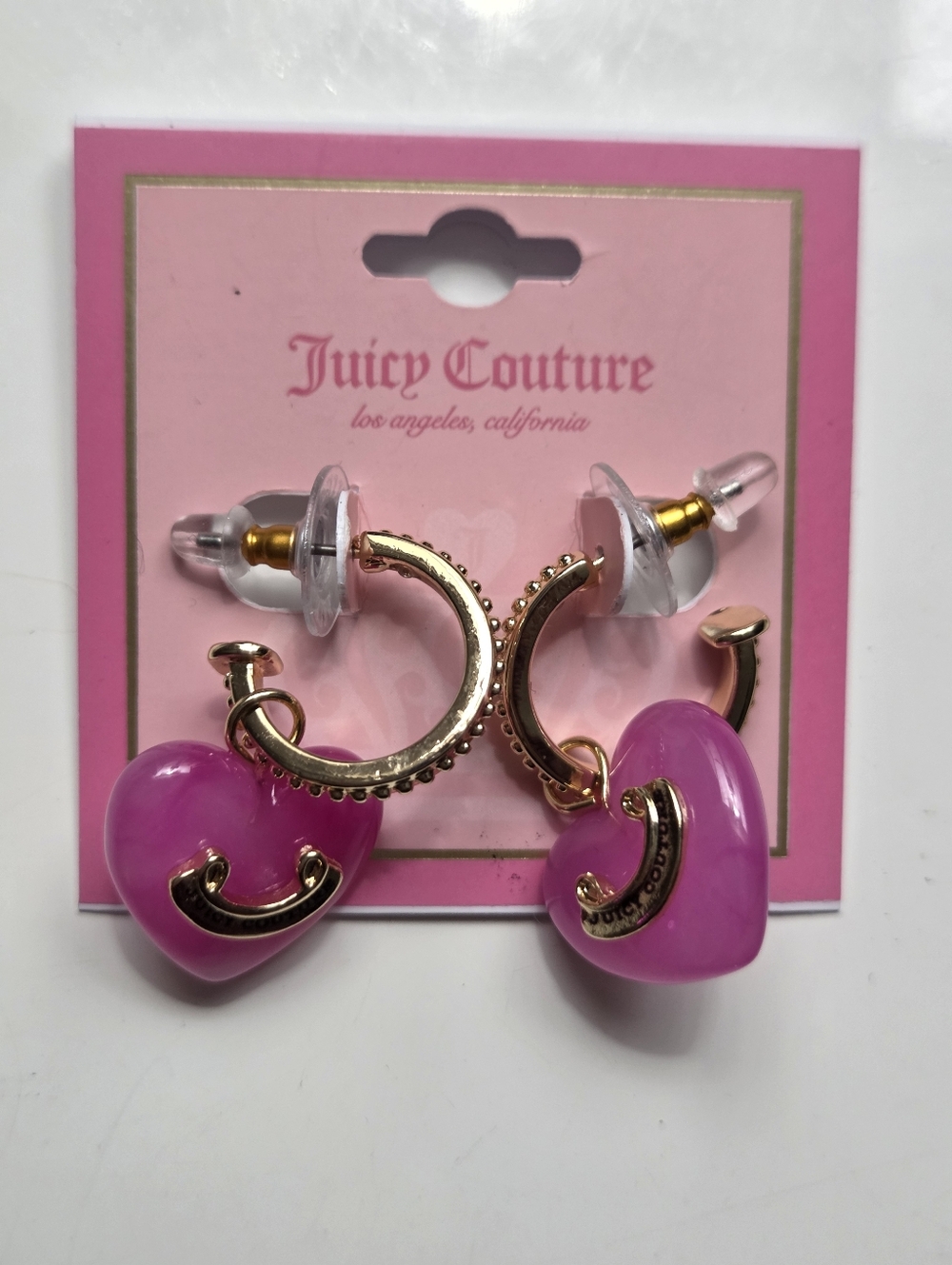 Juicy Couture Hot Pink Heart Hoop Earrings with Gold-Tone Details - Picture 2 of 4